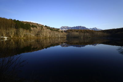 Scenic view of lake against clear blue sky