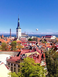 High angle view of town against sky