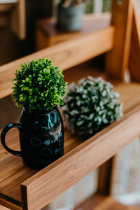 Close-up of plant with container in wooden tray on table