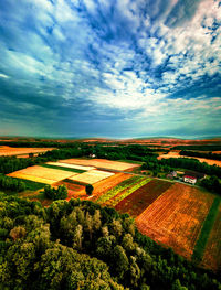 High angle view of field against sky