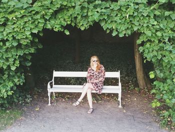 High angle view of woman sitting on bench against trees at park