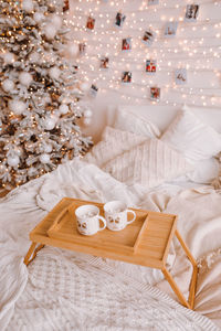 Christmas decoration on bed at home