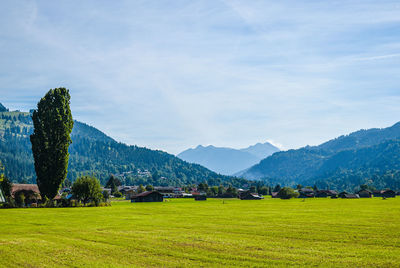 Panoramic view of agricultural field against sky