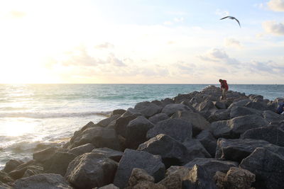 Rear view of man standing on beach against sky