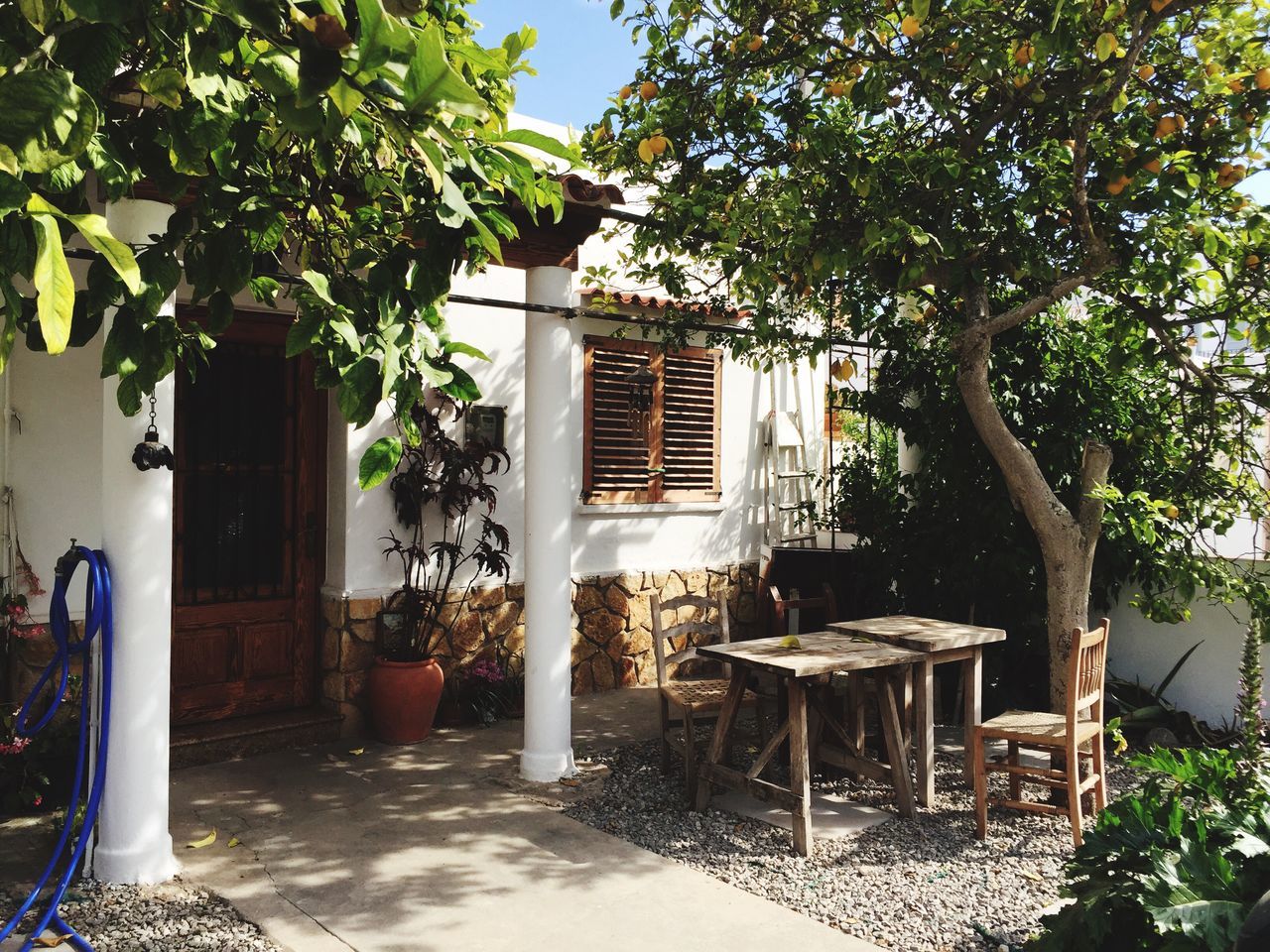 architecture, built structure, building exterior, chair, potted plant, house, tree, growth, plant, absence, table, sunlight, empty, front or back yard, window, residential structure, day, residential building, no people, shadow