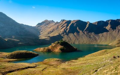 Scenic view of lake and mountains against sky