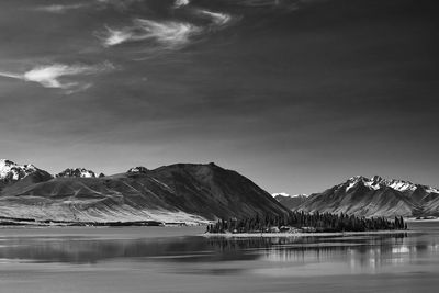 Scenic view of sea by mountains against sky