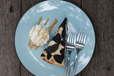 High angle view of dessert in plate on table