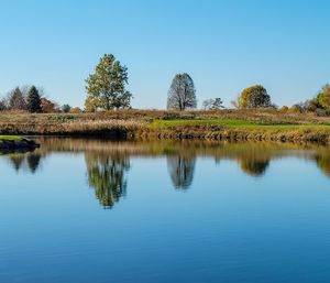 Scenic view of lake against clear blue sky