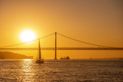 Suspension bridge over sea against sky during sunset