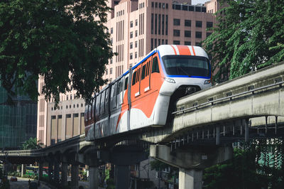 Low angle view of monorail on railway bridge in city