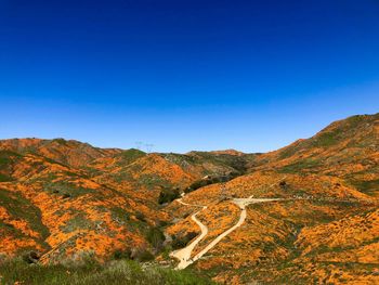 Scenic view of mountains against clear blue sky