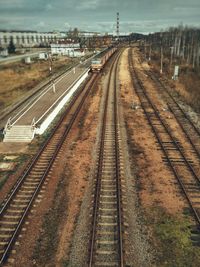 High angle view of railroad tracks in city