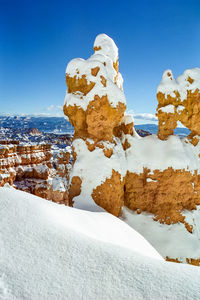 Snow covered landscape against clear blue sky