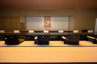 High angle view of empty chairs at home