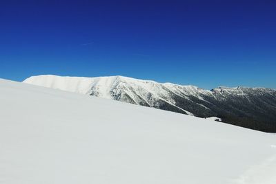 Snowcapped mountains against clear blue sky