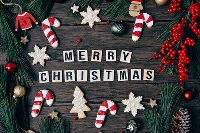 High angle view of christmas decorations on table