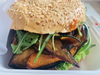 Close-up of burger in plate