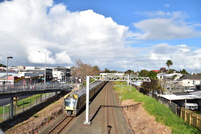 High angle view of train against sky in city