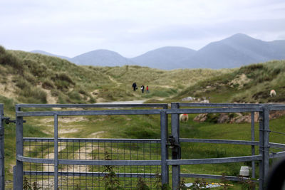 People riding horses on field against sky