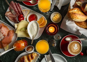 High angle view of breakfast on table