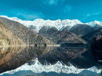 Scenic view of lake and snowcapped mountains against sky