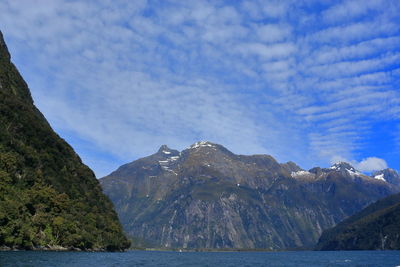 Scenic view of mountains and sea against sky
