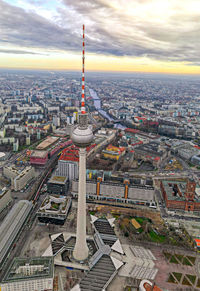 Aerial view of tower in city
