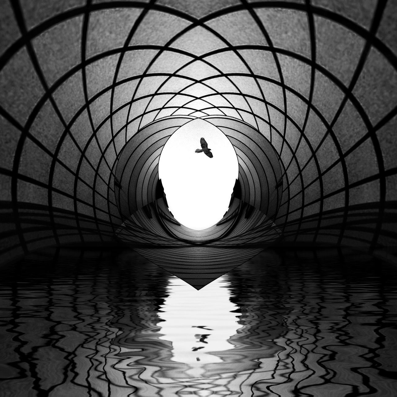 built structure, architecture, arch, circle, water, reflection, indoors, pattern, day, no people, ceiling, geometric shape, waterfront, sky, tunnel, directly below, nature, sunlight, railing