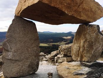 Close-up of rock formation against sky