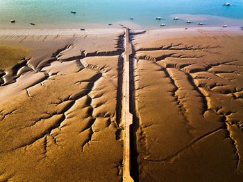 High angle view of footprints on sand at beach