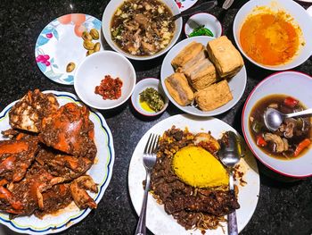 High angle view of meal served on table