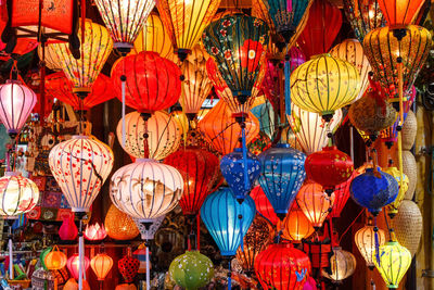 Full frame shot of multi colored lanterns hanging at market