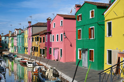 Multicolored houses against blue sky on street of burano island in italy