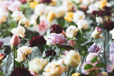 Flowers wall background with amazing multicolor roses, wedding decoration, retro filter tone.