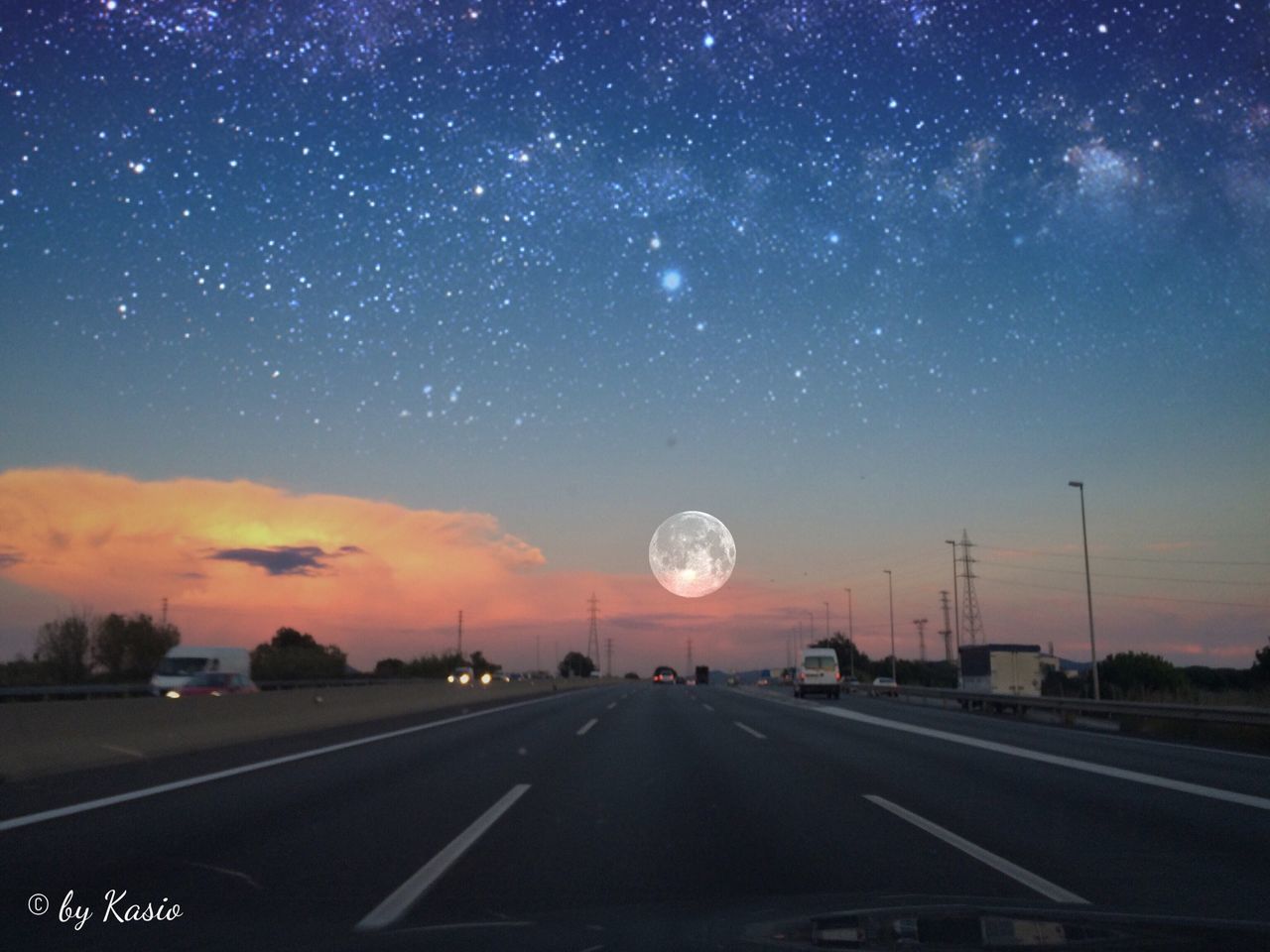 transportation, night, road, astronomy, sky, scenics, star - space, infinity, beauty in nature, the way forward, road marking, space, car, tranquil scene, illuminated, landscape, nature, moon, tranquility, diminishing perspective