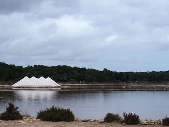 Scenic view of lake against cloudy sky