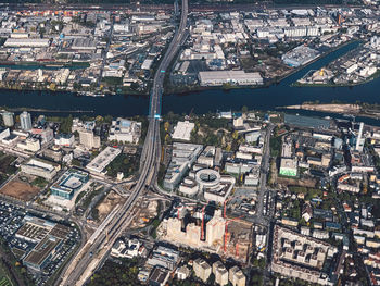 High angle view of street amidst buildings in city