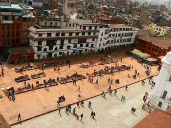 High angle view of people in city