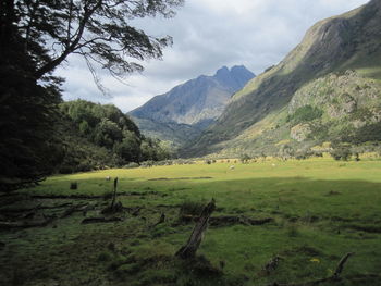 Scenic view of landscape and mountains against sky