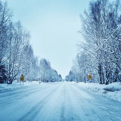 Road amidst bare trees against clear sky during winter