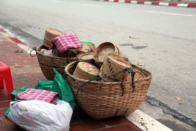 High angle view of cake in basket on street