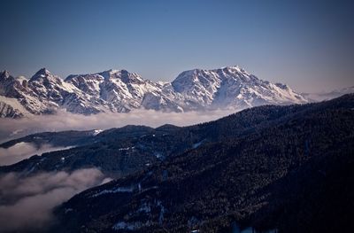 Scenic view of snowcapped mountains against clear blue sky