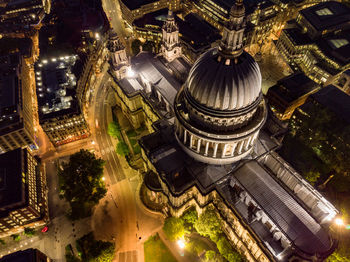 High angle view of cathedral in city at night