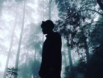 Low angle view of woman standing against trees at forest