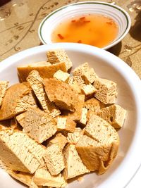 High angle view of breakfast on table