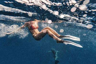 Woman and nurse shark swimming in sea