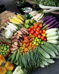 High angle view of various vegetables for sale at street market