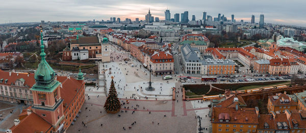 Aerial view of the christmas tree near castle square with column of sigismund