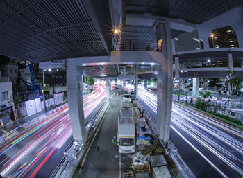 High angle view of light trails at airport